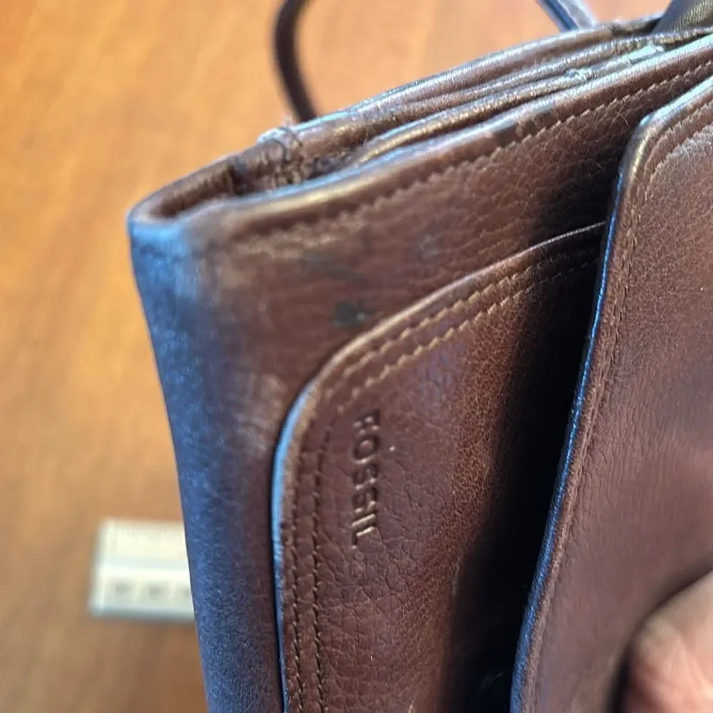Fossil Travel Trifold Wallet & Purse Crossbody, Brown Pebble Leather